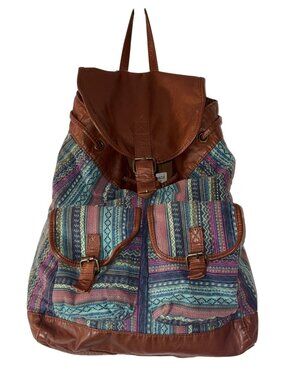 T-Shirt & Jeans Boho Tribal Print Backpack With Faux Leather Trim and pockets